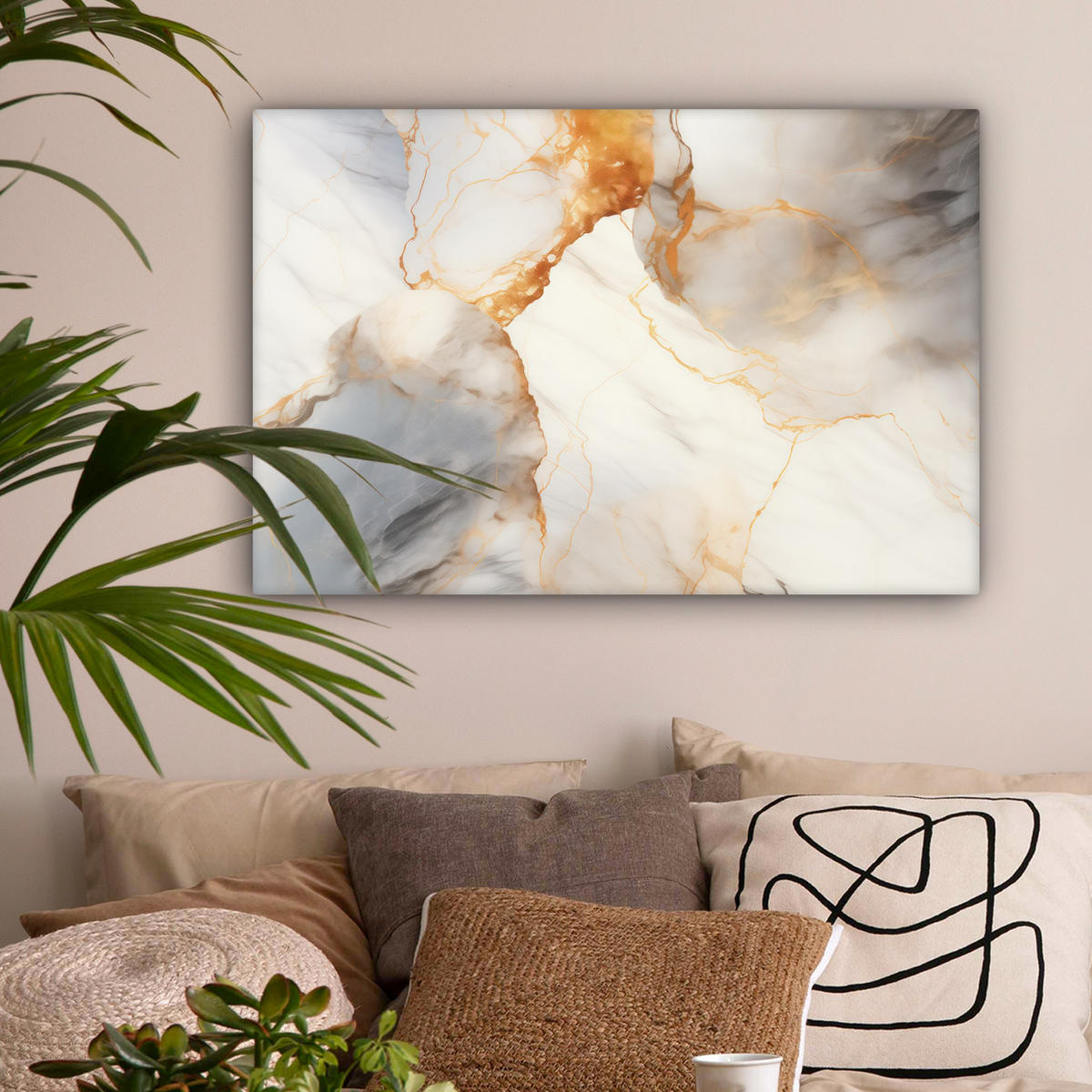 OBRAZ NA PLÁTNĚ Mramor - šedá - zlatá 90x60 cm - bílá, textil (90/60cm) - MuchoWow