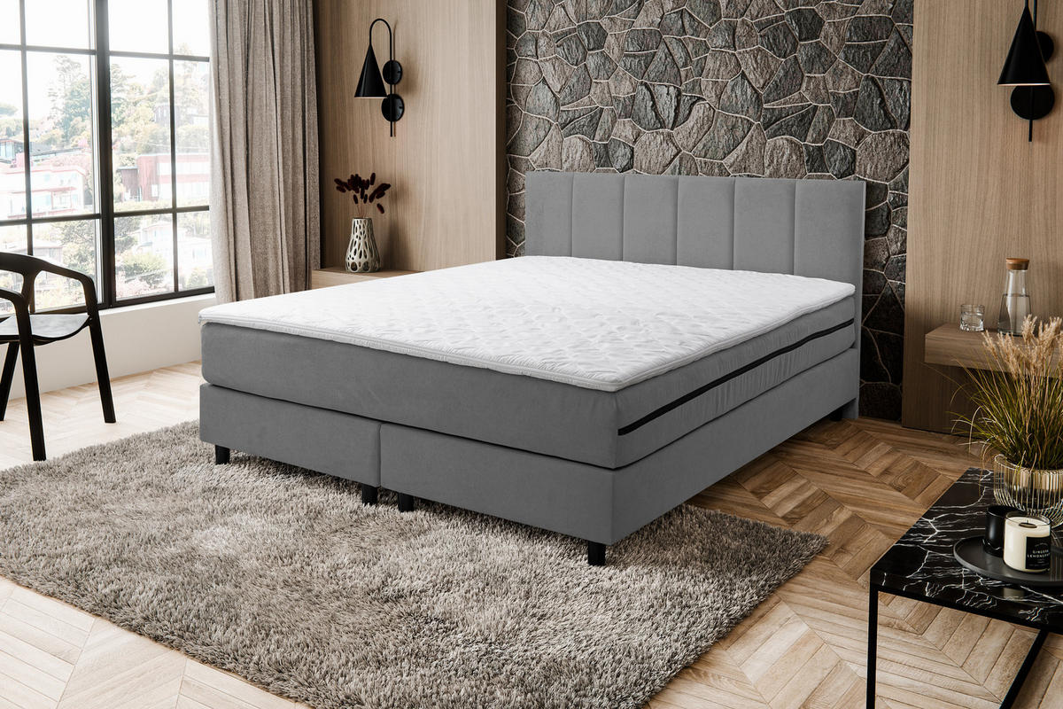 BOXSPRINGBETT Paris, Polsterbett Maße: 140x200 cm, Farbe: Grau, Velourstoff, Doppelbett mit Bonell-Matratze H3 inkl. Topper - Grau, Holz/Kunststoff (140/200cm) - VENASI MÖBEL