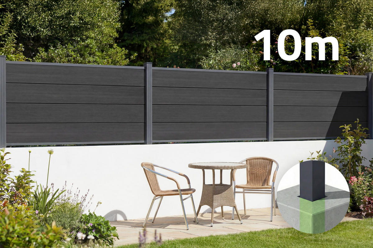 VERBUNDZAUN 10 m STOCKHORN H. 90 cm zum Einbetonieren, grau - Grau, Holzwerkstoff (200/90cm) - Casanoov