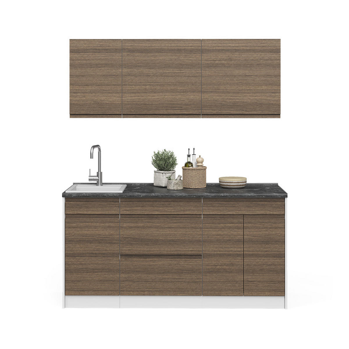 SINGLEKÜCHE R-Line, Tabak-Walnuss/Weiß, 160 cm Arbeitsplatte Satin - Walnussfarben/Weiß, Holzwerkstoff (160/81.6/60cm) - Vicco