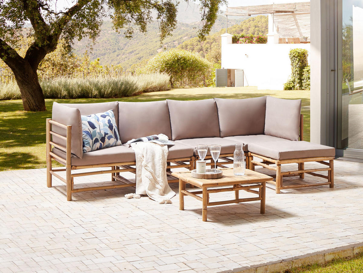 LOUNGE SET 5-Sitzer Bambusholz hellbraun 3-teilig Auflagen taupe Cerreto - Taupe, Holz - Beliani