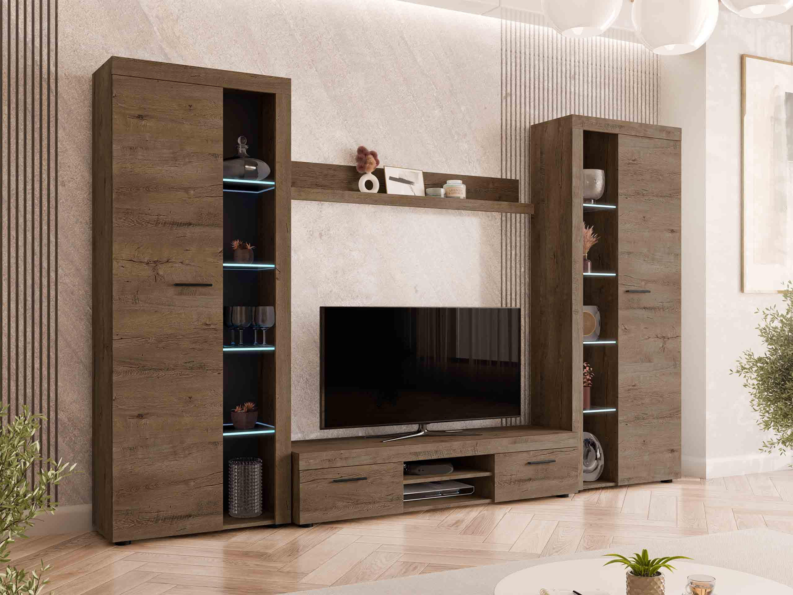 WOHNWAND Rumba XL mit LED Beleuchtung - Eichefarben, Holzwerkstoff (300/190/40cm) - MIRJAN24