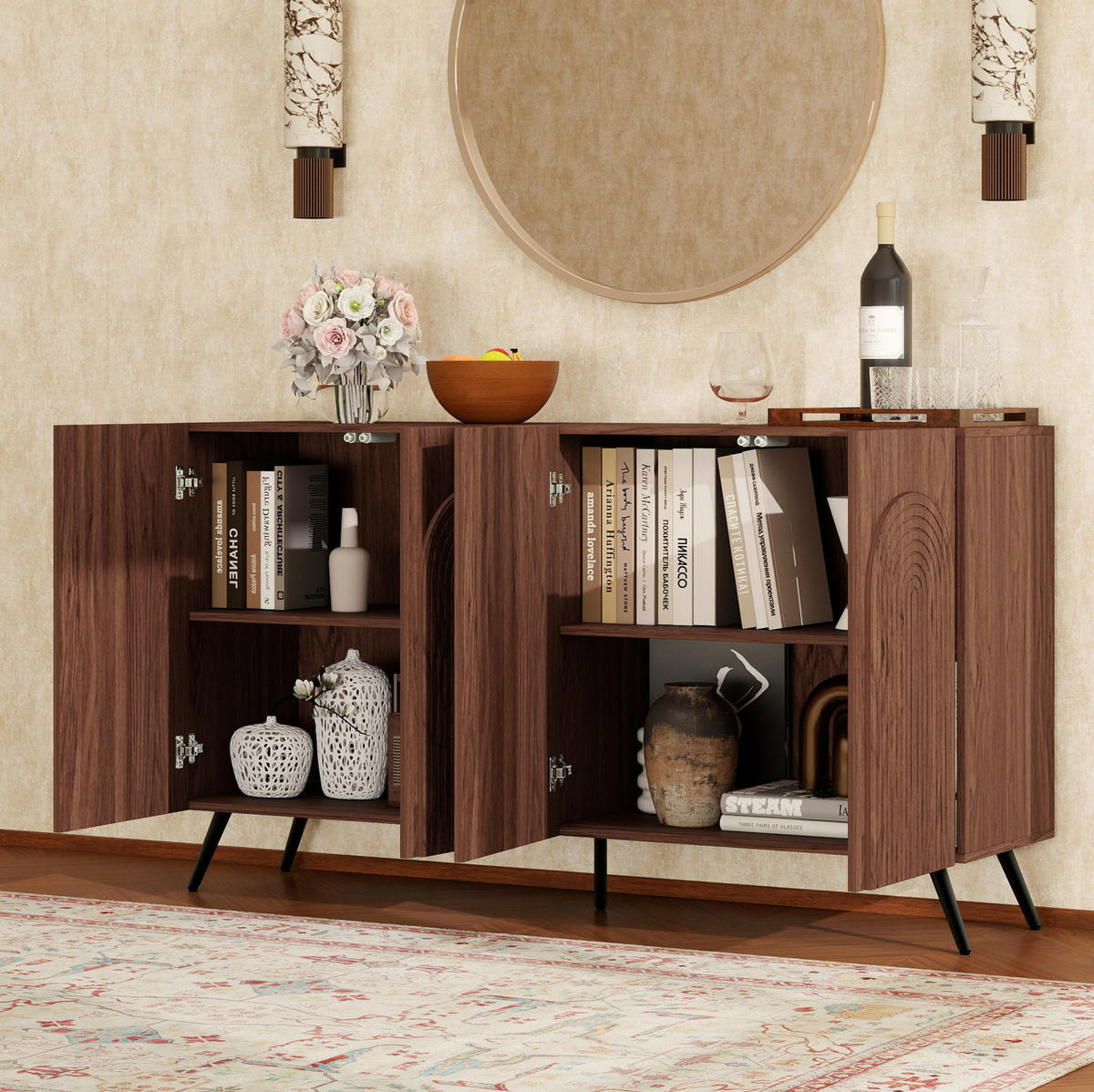 SIDEBOARD mit 4 Türen in Walnuss-Optik – Mid-Century-Design mit 3D-Rillen - Walnussfarben, Holzwerkstoff (150/83/38cm) - BEAOK