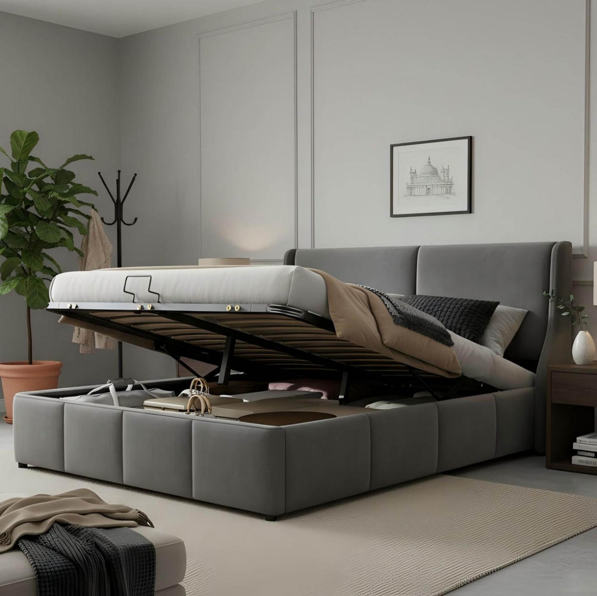 POLSTERBETT 140/200 cm grau aus Samt mit Stauraum - Grau, Textil (140/200cm) - OKMYHOME