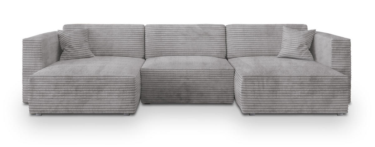 WOHNLANDSCHAFT SARMO Hellgrau Kordstoff mit Schlaffunktion - Hellgrau, Holz (347/90/148cm) - MASSENO