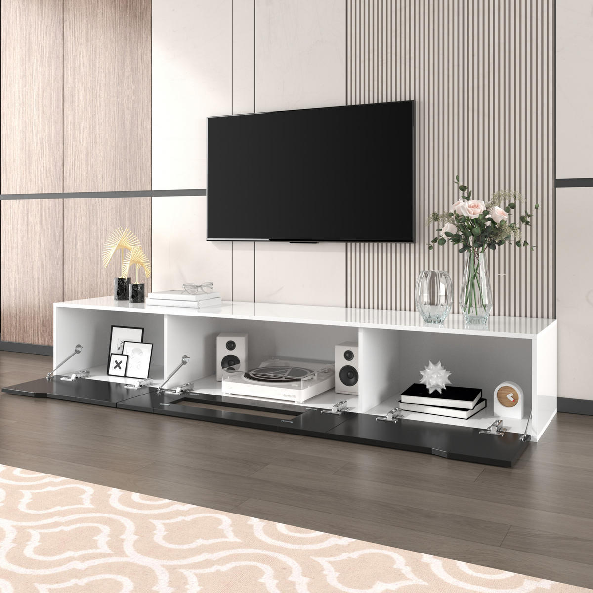 TV-SCHRANK mit LED 180 x 35 x 30 cm Hochglanz Schwarz-Weiß - Weiß, Holzwerkstoff (35/30/180cm) - Beauniv