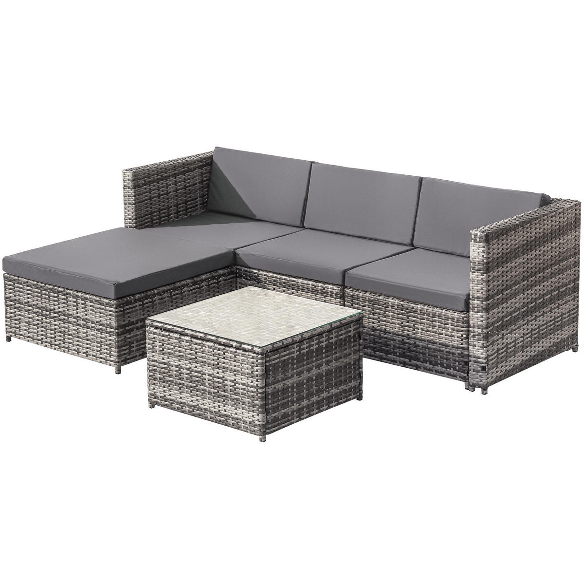 GARTENLOUNGE 196/136/67 cm grau aus Polyrattan und Stahl mit Kissen und Glastisch - Grau, Metall - OKWISH