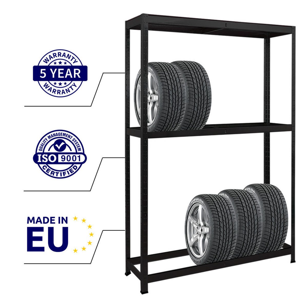 REIFENREGAL Ragnar 180x120x40 cm bis zu 8 Reifen auf 2 Ebenen + Ablage 265 kg Fachlast Schwarz - Schwarz, Metall (120/180/40cm) - PROREGAL