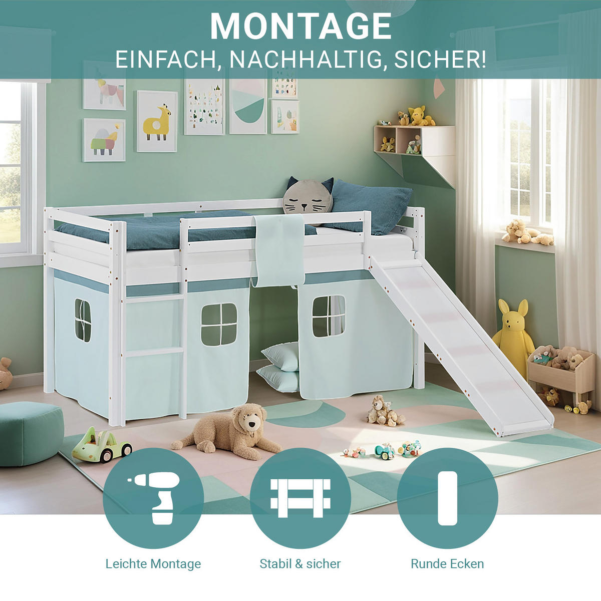 HOCHBETT 90/200 cm Weiß Rutsche Mint / Kiefer - Weiß/Mintgrün, Holz/Textil (90/200cm) - Homestyle4u