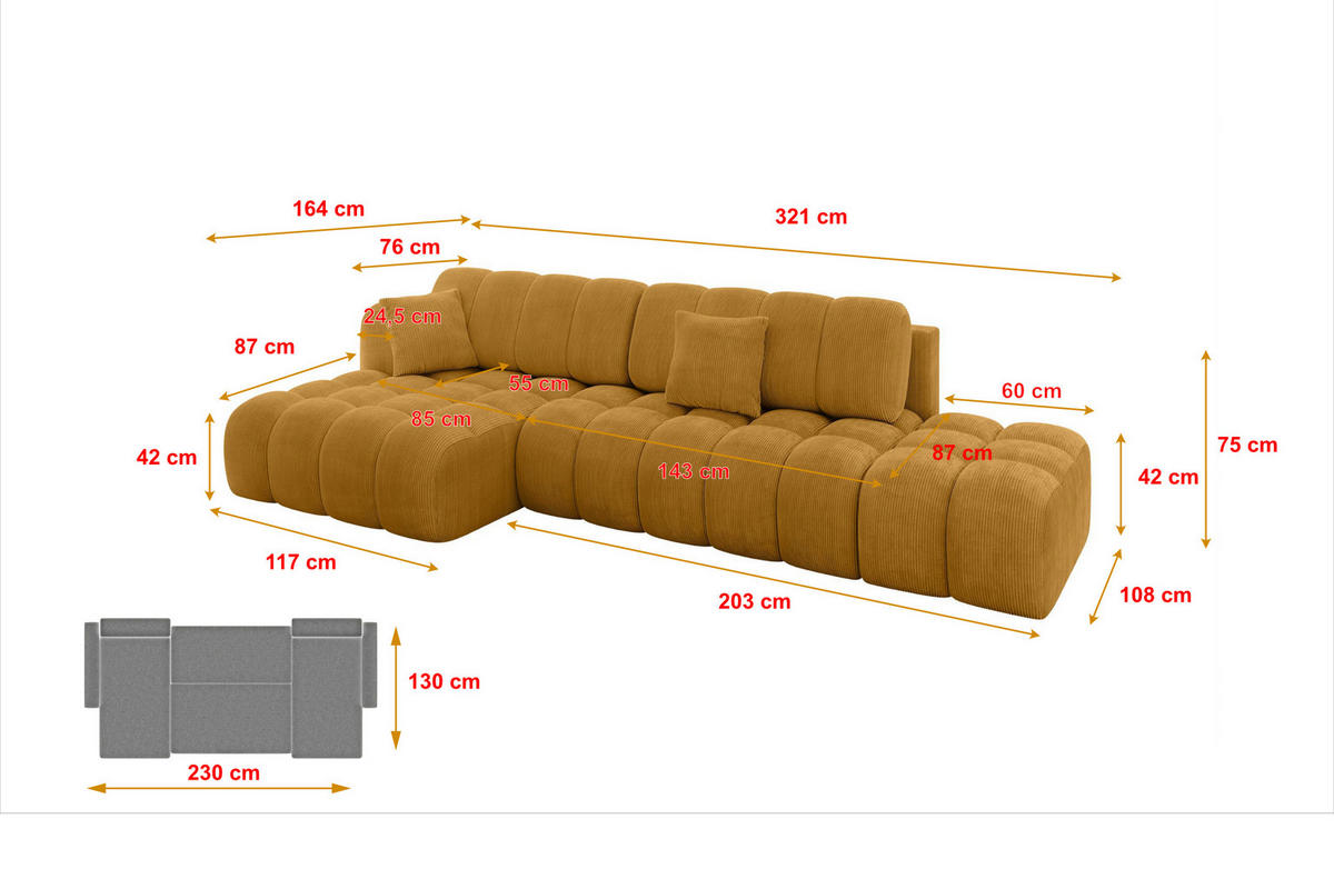 ECKSOFA mit Schlaffunktion Ottomane Links OLEA-L2 321x164x75 Senfgelb Cord - Schwarz/Honig, Holzwerkstoff/Kunststoff (321/164cm) - ALTDECOR
