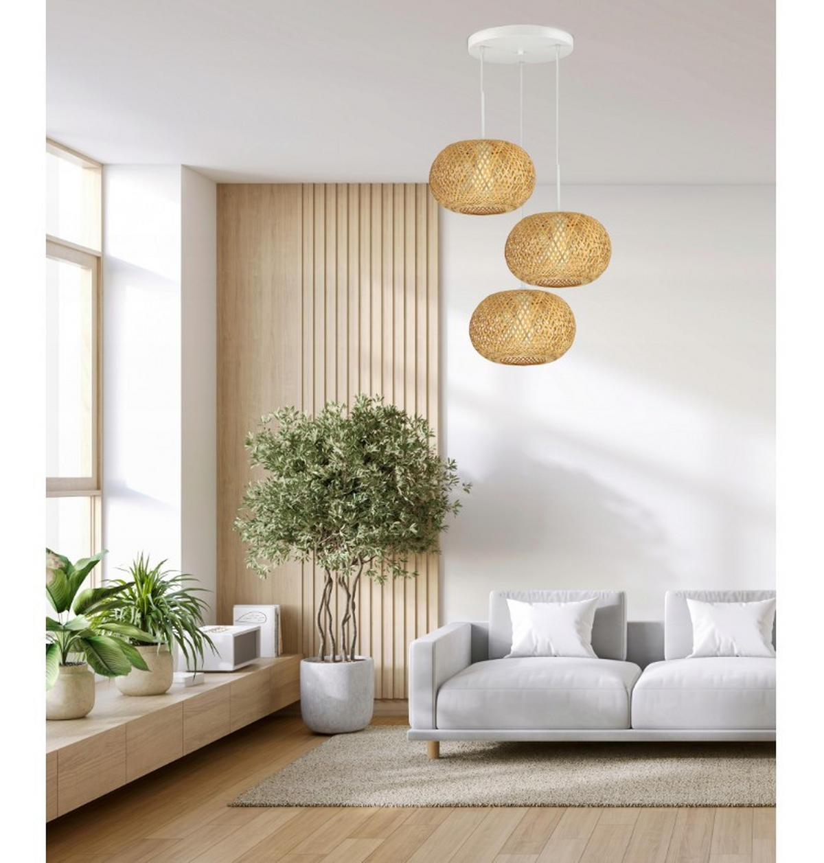 PENDELLEUCHTE BOHO - Beige/Weiß, Holz/Metall (48/48/100cm) - kiki design