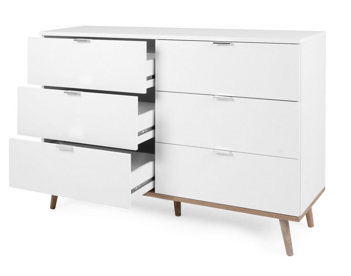 SCHUBLADENKOMMODE weiß matt, Eiche Sonoma massiv 120 cm, Kommode mit 6 Schubkästen - Chromfarben/Eichefarben, Holz/Holzwerkstoff (120/87/40cm) - Furn.Design