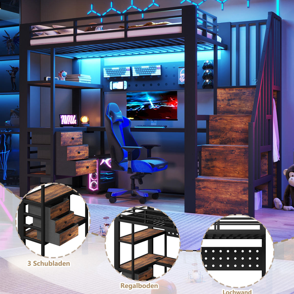 HOCHBETT 90/200 cm aus Metall und MDF mit Schreibtisch, Stauraum, Steckdose und LED-Beleuchtung, Schwarz - Schwarz, Holzwerkstoff (90/200cm) - Redom