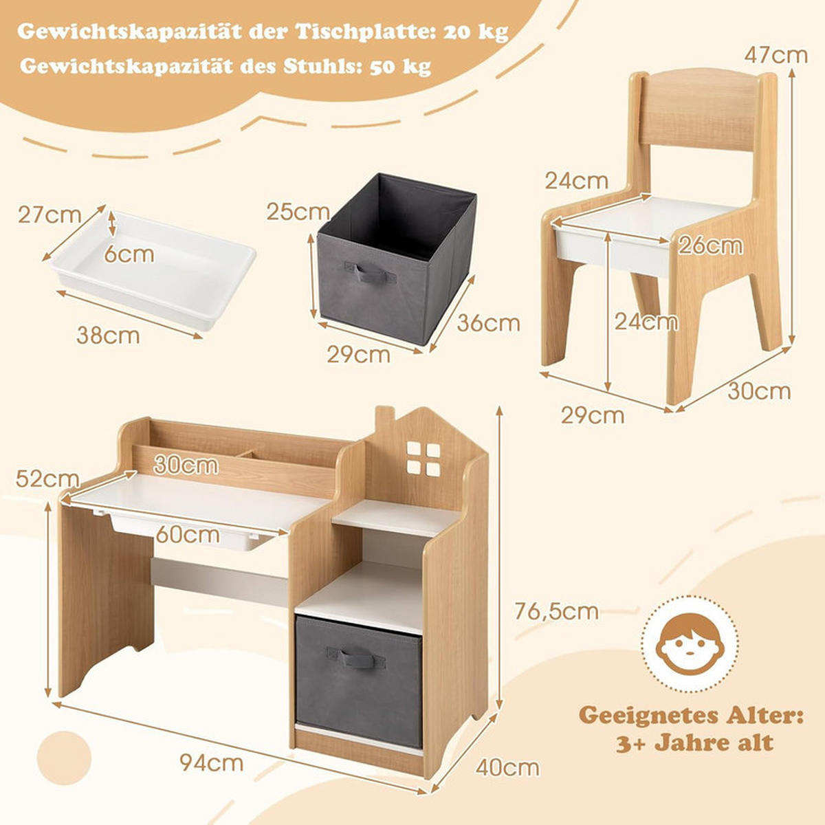 KINDERSCHREIBTISCHE mit Stühlen natur(2-tlg) - Naturfarben, Holzwerkstoff (94/76.5/50cm) - COSTWAY