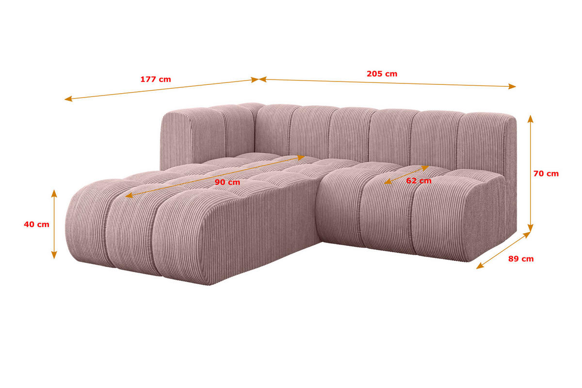 ECKSOFA modulares Sofa Darnel-L1 - 205x177x70 cm Rosa - Rosa, Holzwerkstoff/Textil (205/177cm) - ALTDECOR