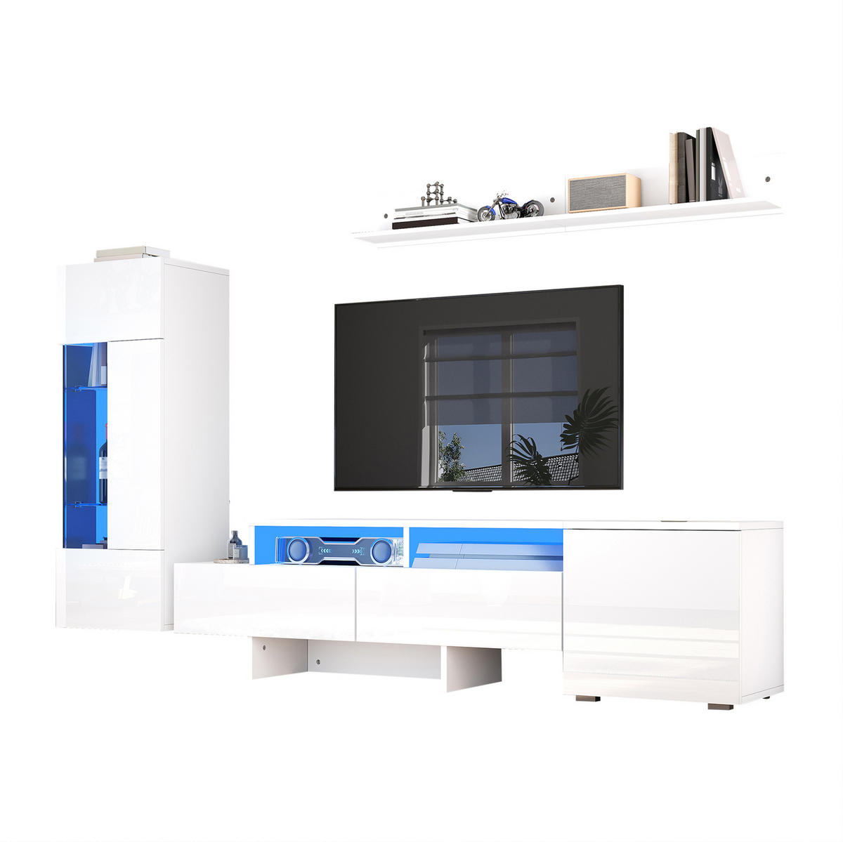 OBÝVACIA stena 170/35/45 cm biela s LED osvetlením a vysokým leskom z drevotriesky, akrylu a skla - biela, kompozitné drevo (170/45/35cm) - OKWISH