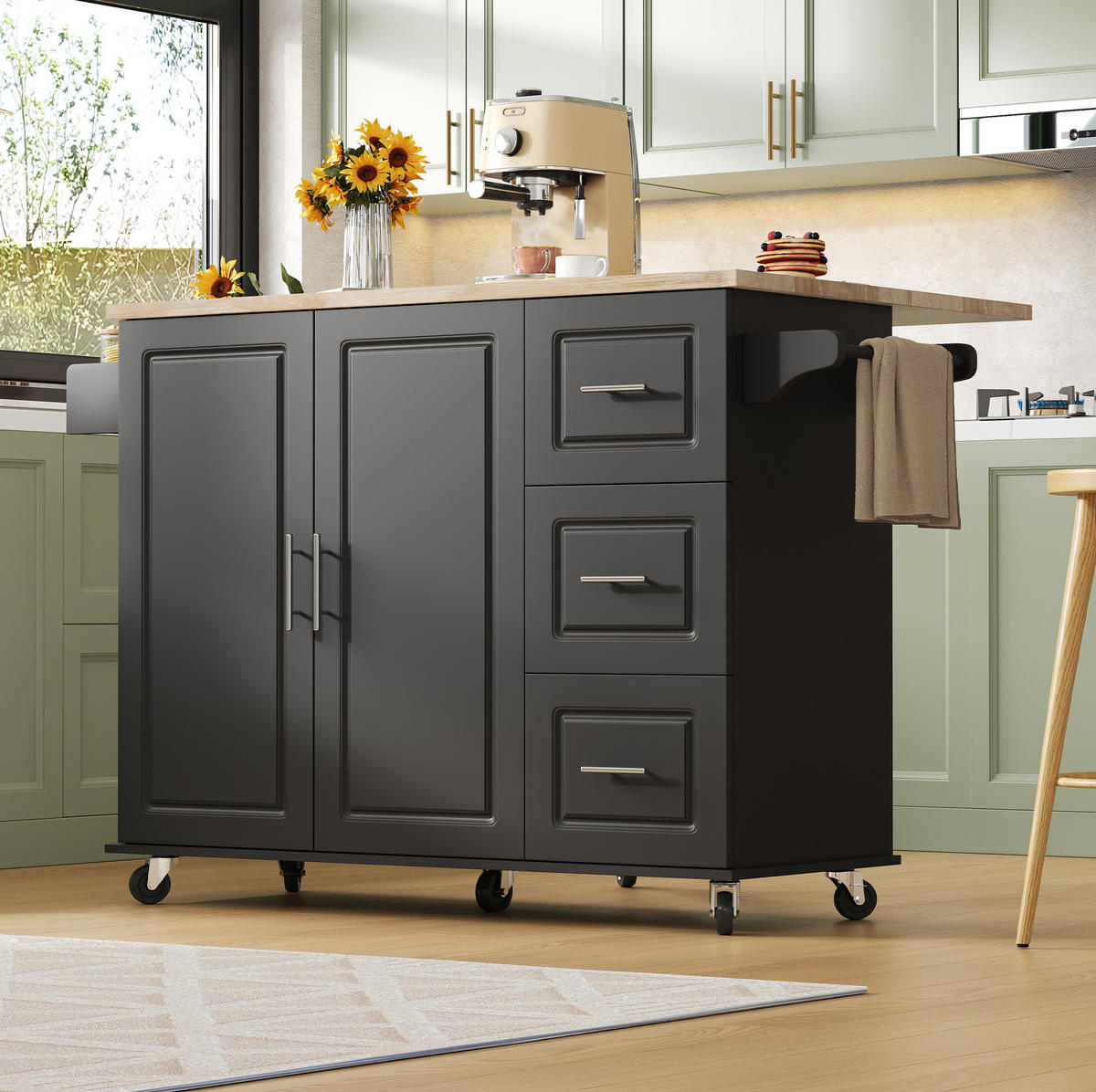 KÜCHENINSEL 137x76x92cm Schwarz mit Klappplatte, Schrank, 3 Schubladen & Rollen - Schwarz, Holzwerkstoff (137/92/76cm) - Modfu