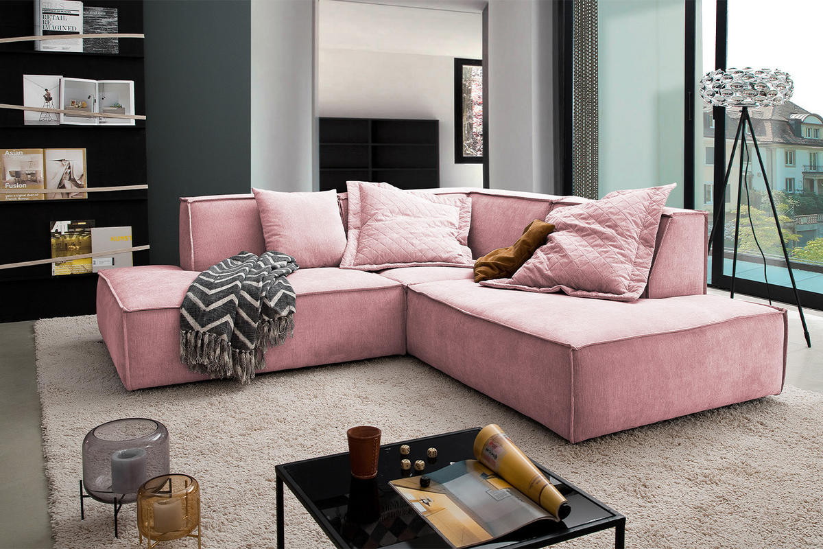 ECKSOFA SAMU Pink Webstoff - Pink/Schwarz, Textil (226/224cm) - KAWOLA