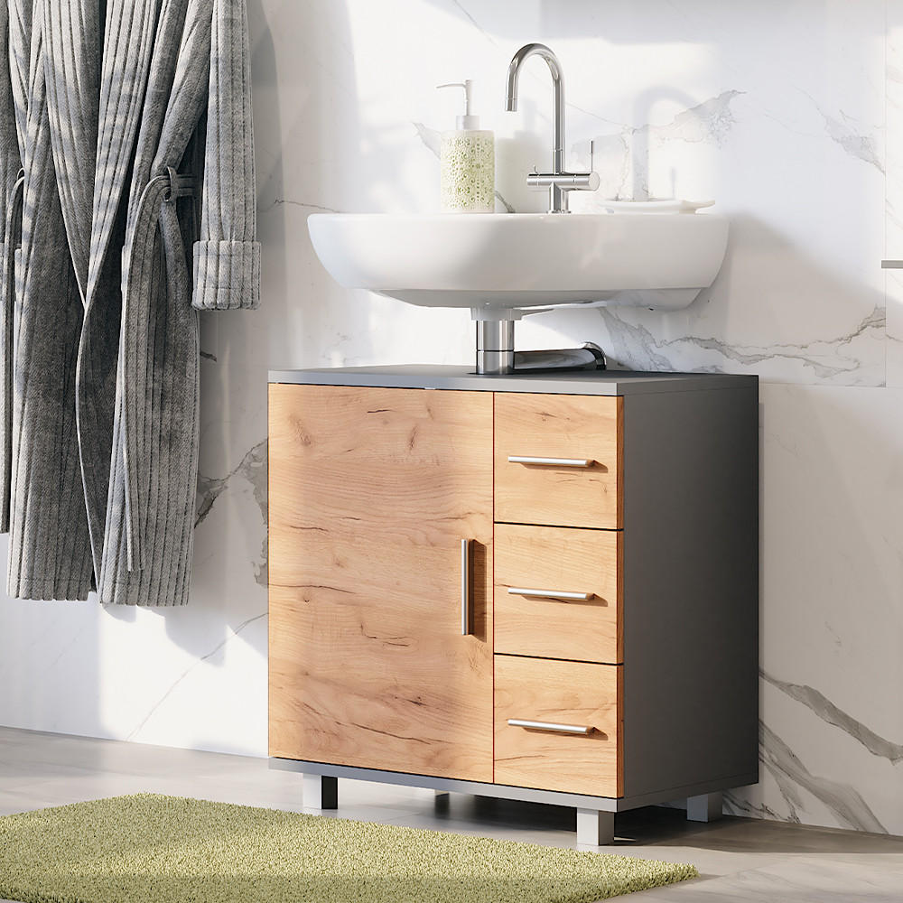 Thumbnail - Vicco Waschbeckenunterschrank, Anthrazit, Honigeiche, Holzwerkstoff, 5 Fächer, 3 Schubladen, Rechteckig, 60x60.8x33 cm, ...