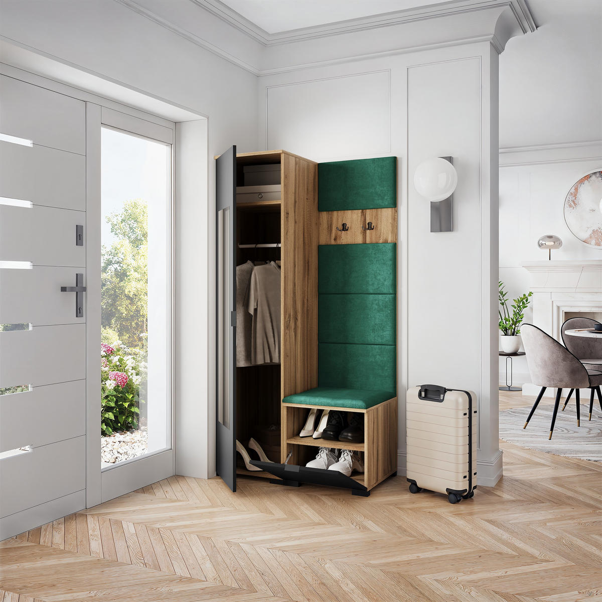 GARDEROBENSCHRANK VIRA 95/181/51 cm Modern Garderobe-Set Eiche Wotan - Eiche Wotan/Schwarz, Holzwerkstoff (95/181/51cm) - MASSENO