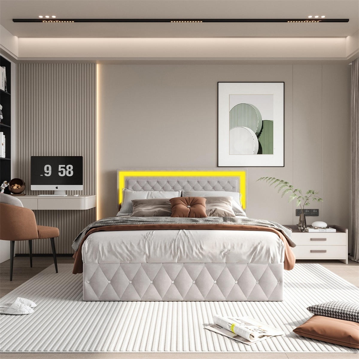 POLSTERBETT 160x200 cm - mit LED-Kopfteil und hydraulischem Bettkasten - Samt - ohne Matratze - Beige - Beige, Textil (160/200cm) - DELFA