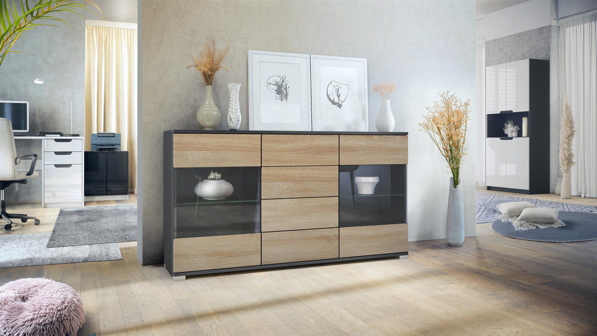 SIDEBOARD Bari Eiche sägerau - Eiche San Remo, Holzwerkstoff (138.5/75.5/35cm) - Vladon