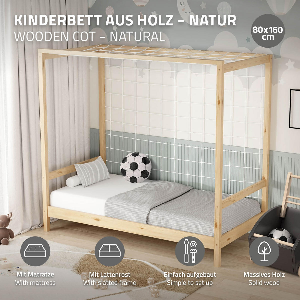 KINDERBETT Fußballtor mit Matratze 80x160 cm Natur - Naturfarben, Holz (80/160cm) - ML-DESIGN