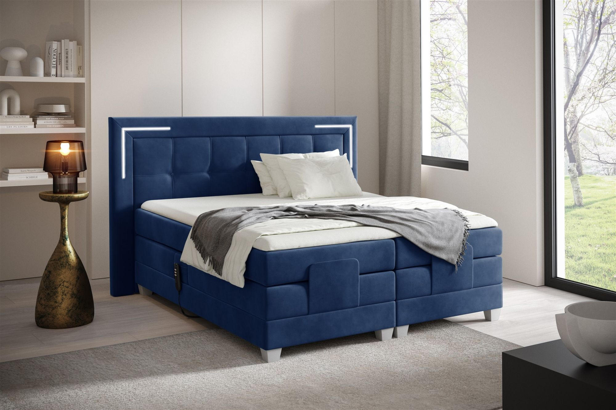 BOXSPRINGBETT Bett Elektrisch Dores - Blau, Holzwerkstoff/Textil (140/200cm) - Fun Möbel
