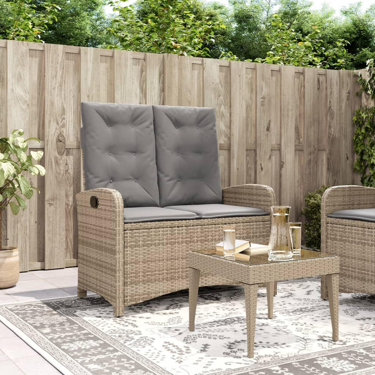 GARTENBANK Verstellbar mit Kissen Beige Poly Rattan - Beige, Kunststoff (105/93/59cm) - furnicato