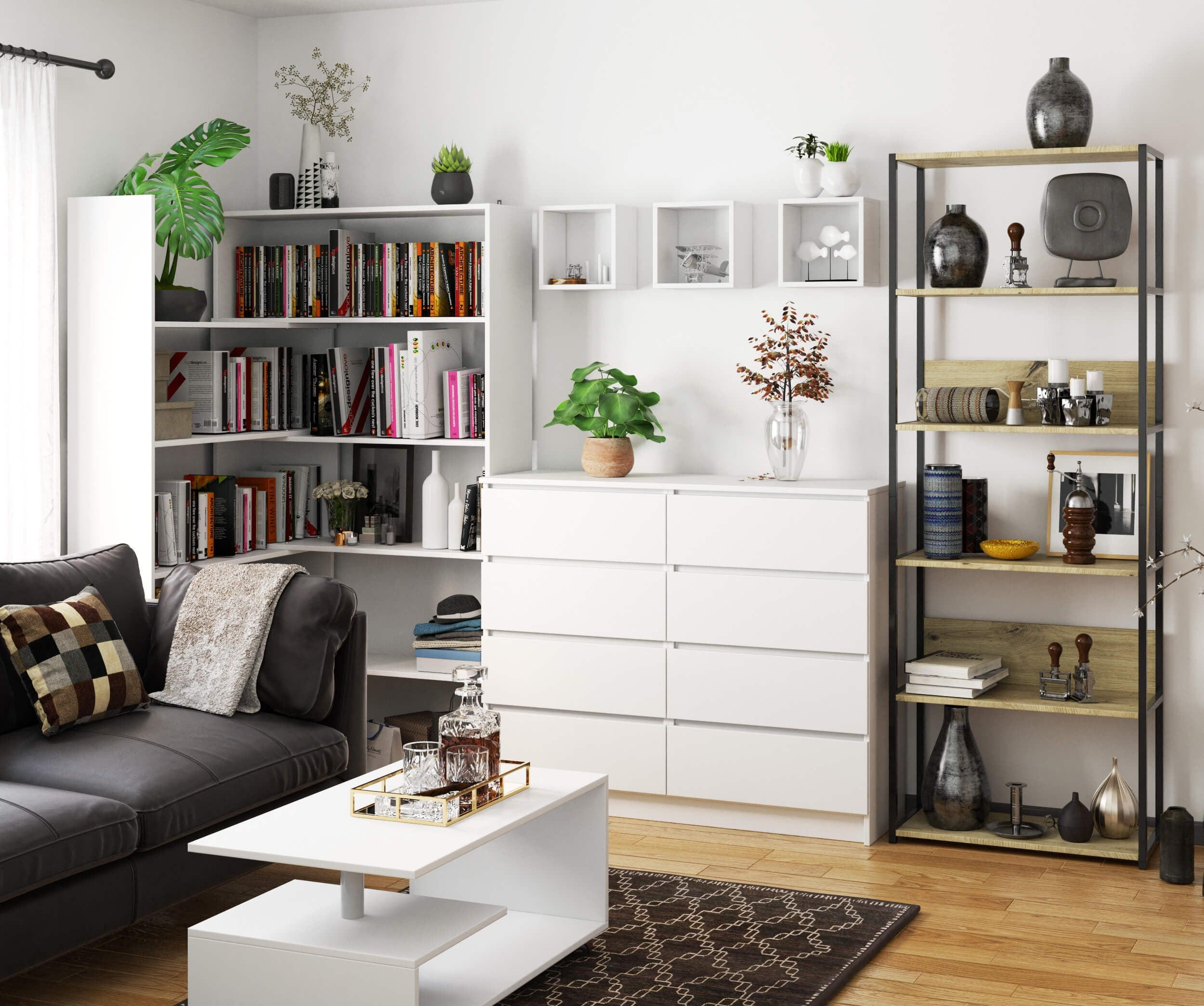 Thumbnail - Milordbikes Loft-Regal, Schwarz, Eiche Artisan, Holz, 70x192x32 cm, Wohnzimmer, Regale, Bücherregale