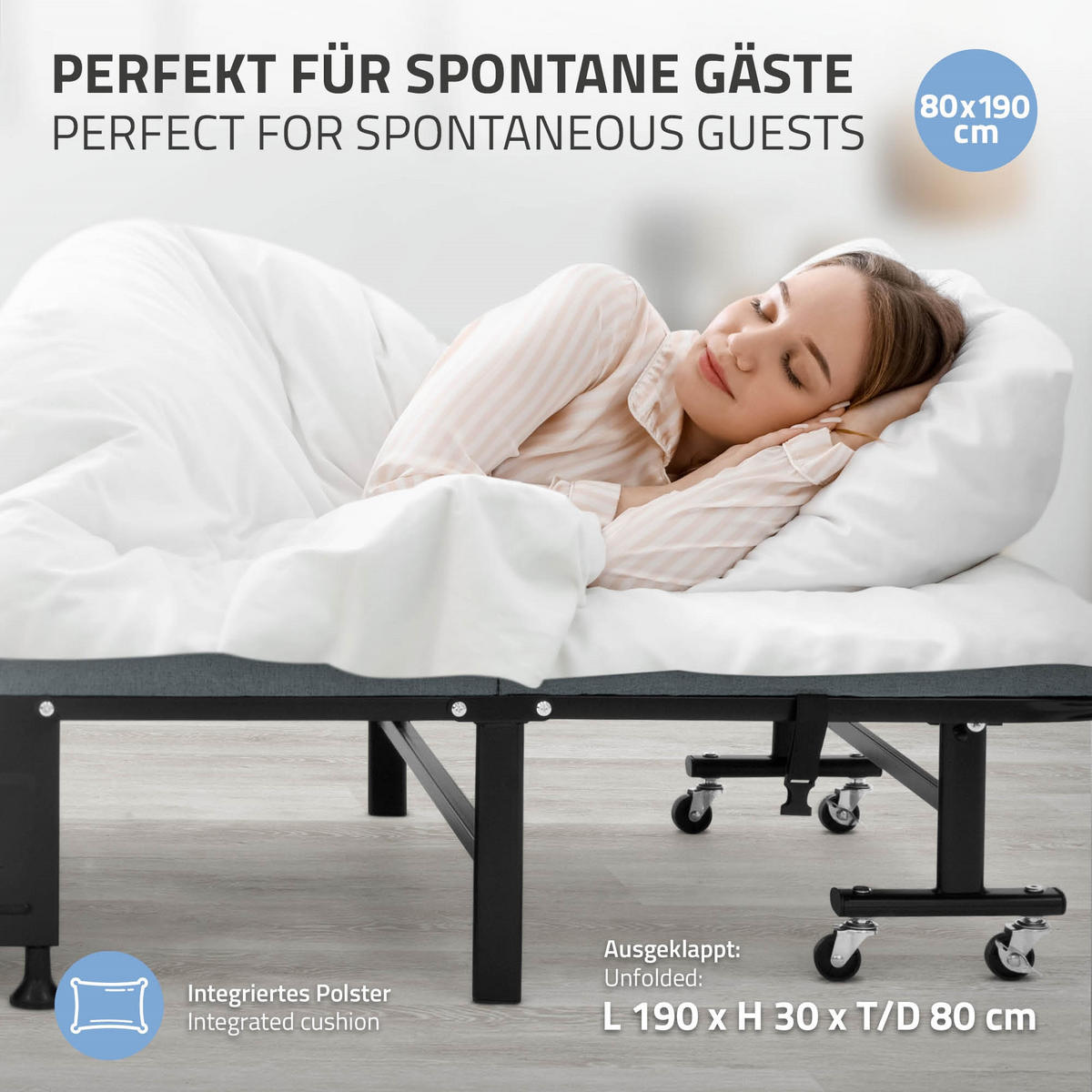 SKLÁDACÍ POSTEL PRO HOSTY 80 x 190 cm z kovu - šedá, dřevo (90/200cm) - ECD-Germany
