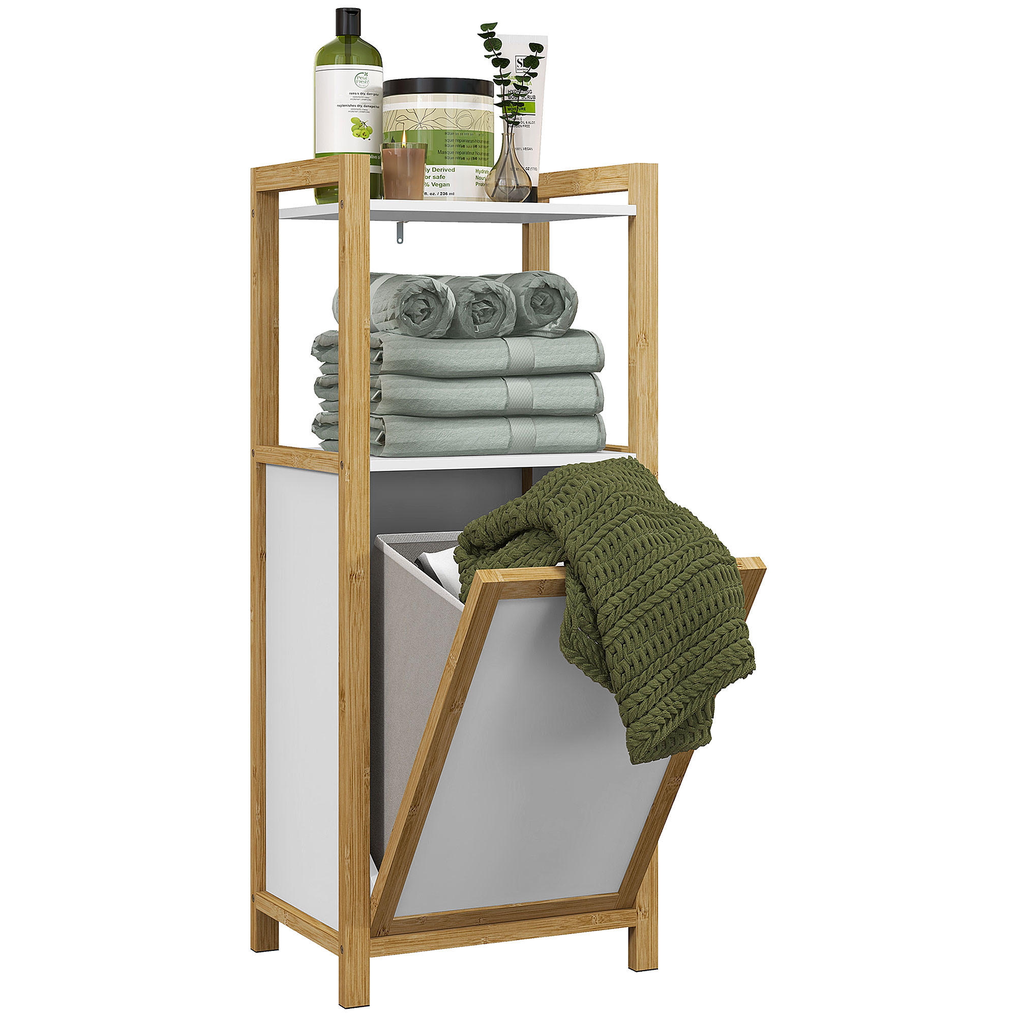 BADREGAL DE-17313 mit 2 Etagen & Wäschekorb Natur - Weiß, Naturmaterialien (40/95/30cm) - ComfortXL