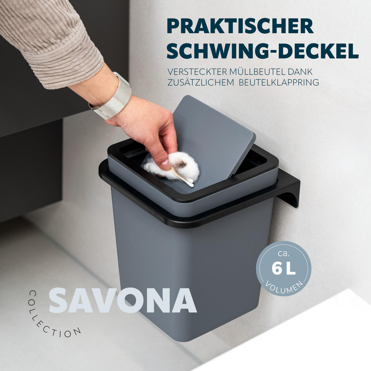WC-GARNITUR 2-TLG. Bürste u. Eimer SAVONA Softtouch inkl. Wandhalterung, eckig - grau - Grau, Kunststoff (18/25/21cm) - bremermann