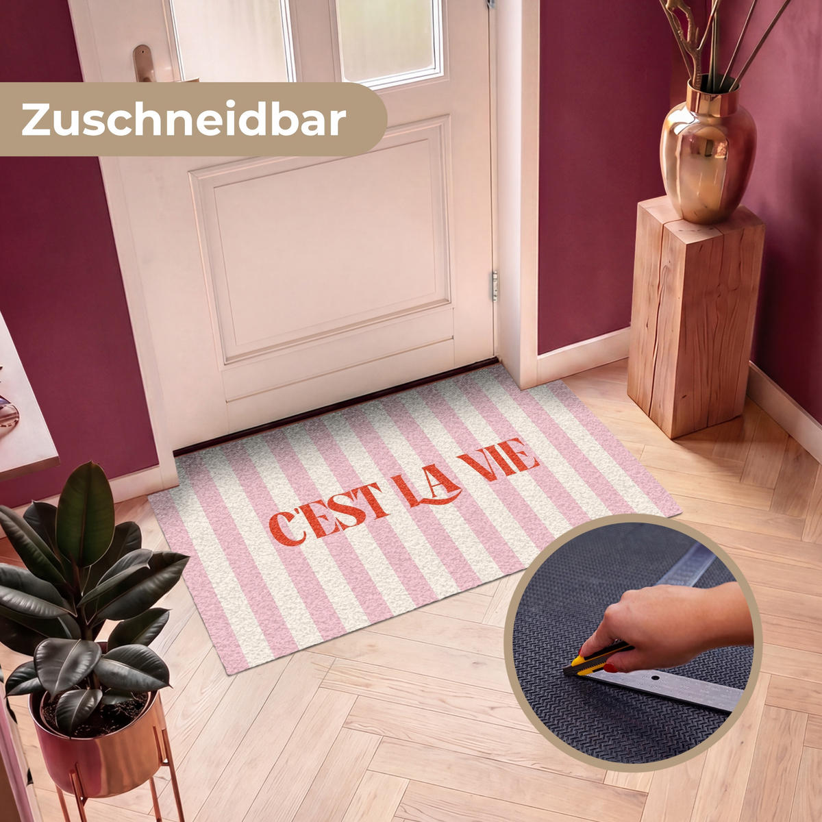 FUSSMATTE Zartrosa – Rot – Streifen – C'est La Vie 120x80 cm - Rosa, Kunststoff (120/0.4cm) - MuchoWow