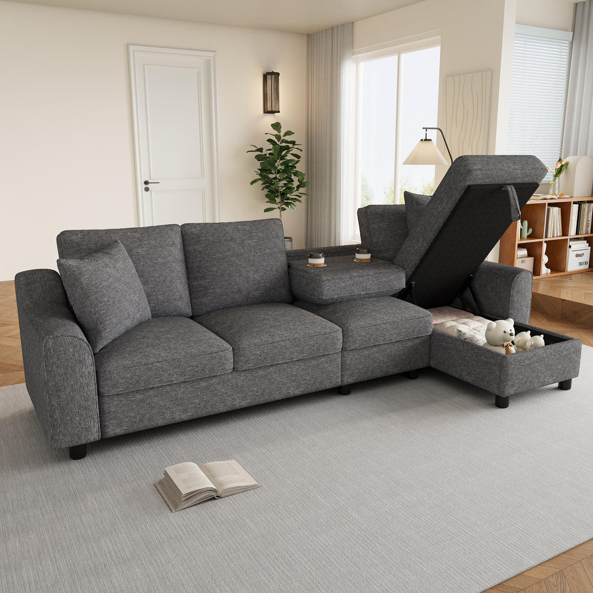 ECKSOFA 280/136/82 cm Grau mit aufklappbarem Stauraum und klappbare Rückenlehne mit Getränkehaltern - Grau, Textil (136/82/280cm) - Oxeza