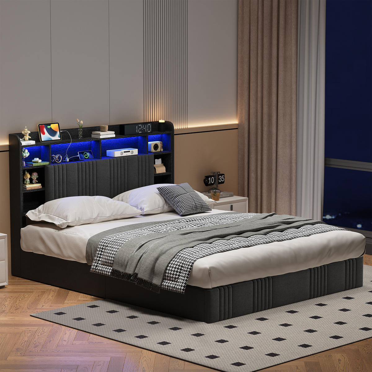 POLSTERBETT 140/200 cm,Bett Grau mit Hydraulischem Bettkasten, LED und USB - Grau, Holz/Metall (140/200cm) - FURNISHINGS HOME