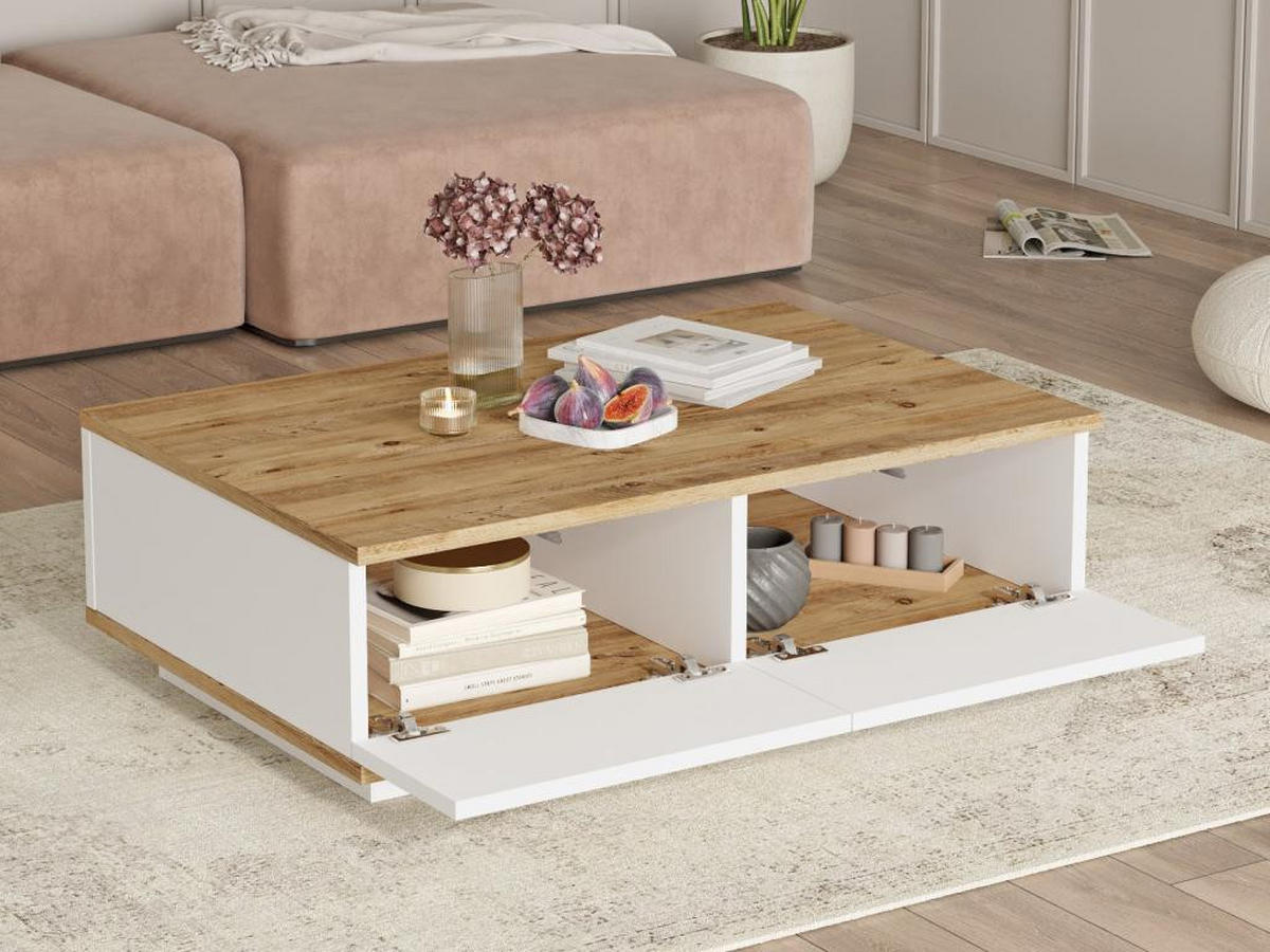 COUCHTISCH mit 2 Türen - Holzfarben hell & Weiß - LOTULA - Naturfarben, Holz (90/60/28.6cm) - Vente-Unique