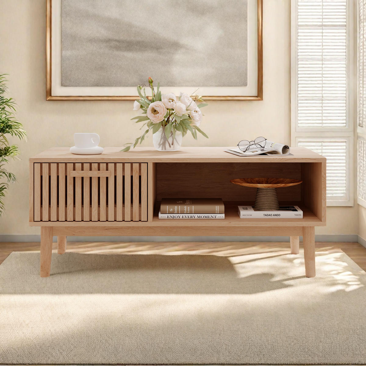 COUCHTISCH naturholz rattanoptik mit fach und schublade - Braun, Holzwerkstoff (100/50/43cm) - SHOPENTRA
