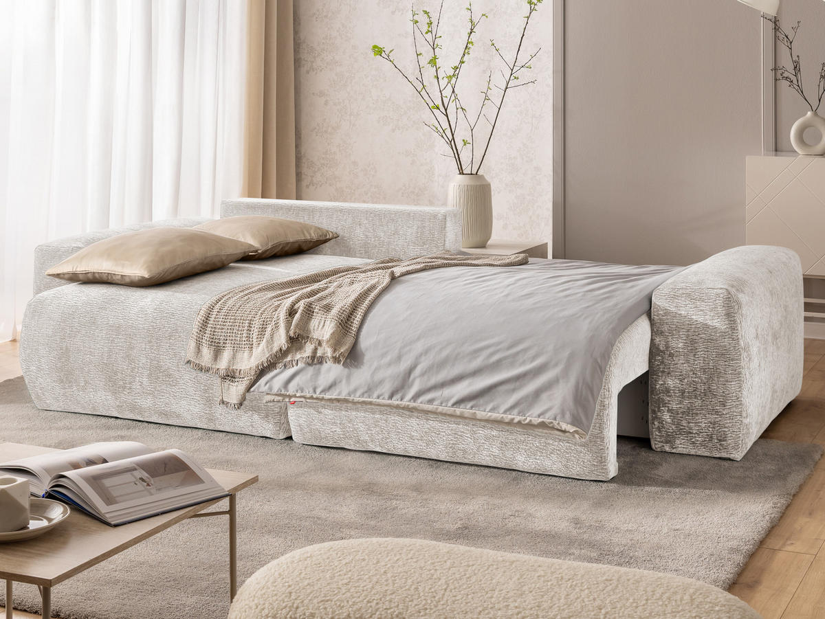 ECKSOFA Puffy mit Schlaffunktion und Bettkasten - besonders weich und puffig aus Beige Stoff mit Chenillestruktur - Ottomane links - Beige/Schwarz, Holz/Kunststoff (138/266cm) - S-Style Möbel