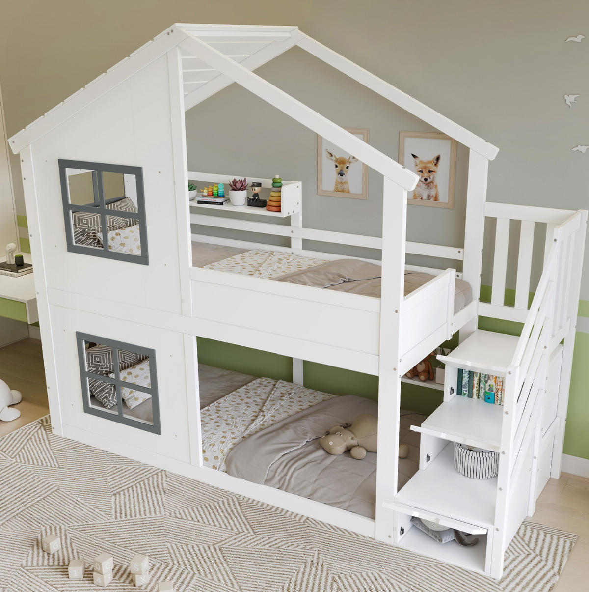 ETAGENBETT mit Stauraumtreppe 90x200 cm Weiß und Grau - Weiß, Holzwerkstoff (90/200cm) - Beauniv