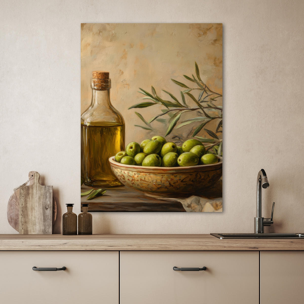 LEINWANDBILD Oliven - Stilleben - Vintage 60x80 cm - Olivgrün, Textil (60/80cm) - MuchoWow