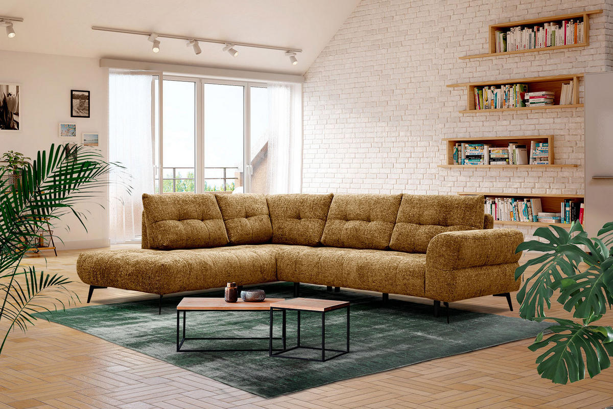ECKSOFA SALVINI 5-Sitzer, dunkelgelb - Dunkelgelb/Schwarz, Holzwerkstoff/Textil (158/292cm) - Courtois Laville