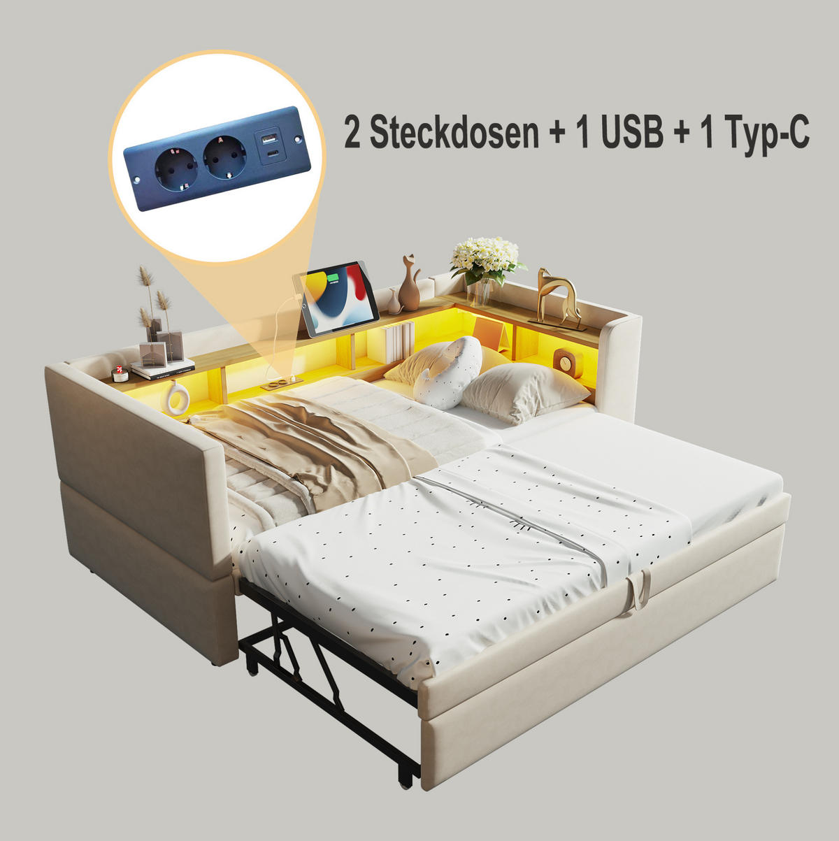 SCHLAFSOFA 90/190 cm mit LED-Beleuchtung, Steckdose, Ablagefächern und Flanellbezug, Beige - Beige, Textil (199/80/211cm) - Redom