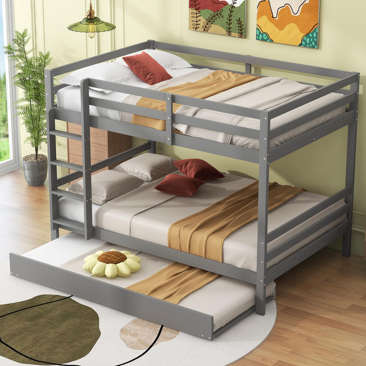 ETAGENBETT 140/200 cm Grau mit Ausziehbett und stabiler Treppe aus Kiefernholz - Grau, Holz (140/200cm) - OKWISH