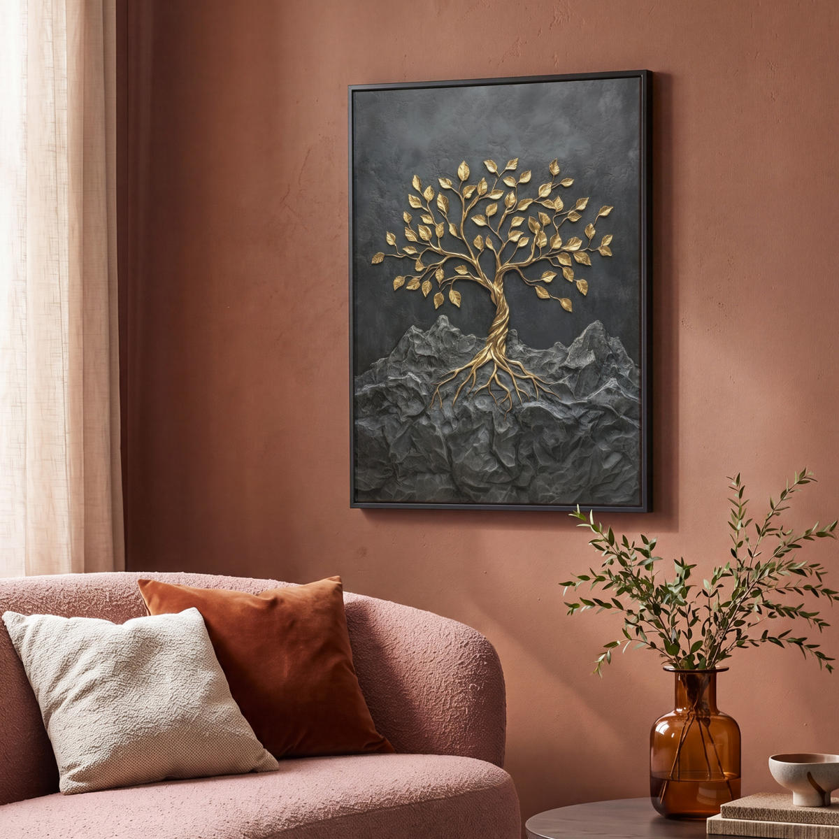 LEINWAND Bilder mit Rahmen - Blätter - Gold - Baum - Fels - 70x100 - Schwarz, Textil (70/100cm) - MuchoWow