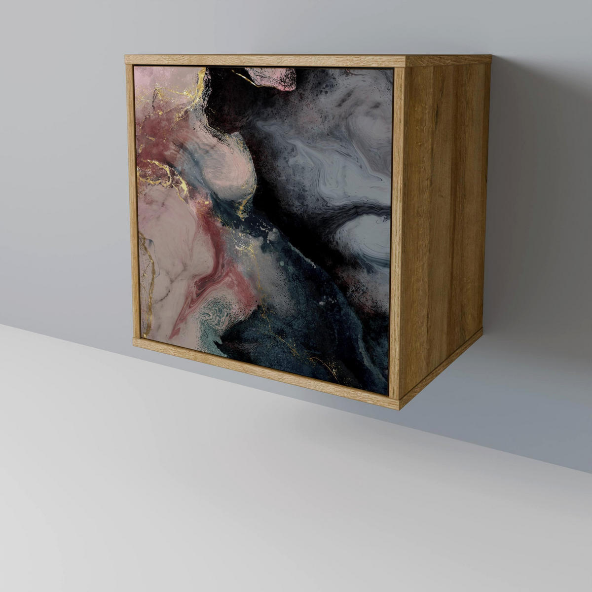 SIDEBOARD GILDED SWIRLS, Eichefarben, 57,5x42x67,5 cm, Schwarze Metall-Rahmenfüße - Eichefarben/Multicolor, Holzwerkstoff/Metall (57.5/67.5/42cm) - SpaceRebels