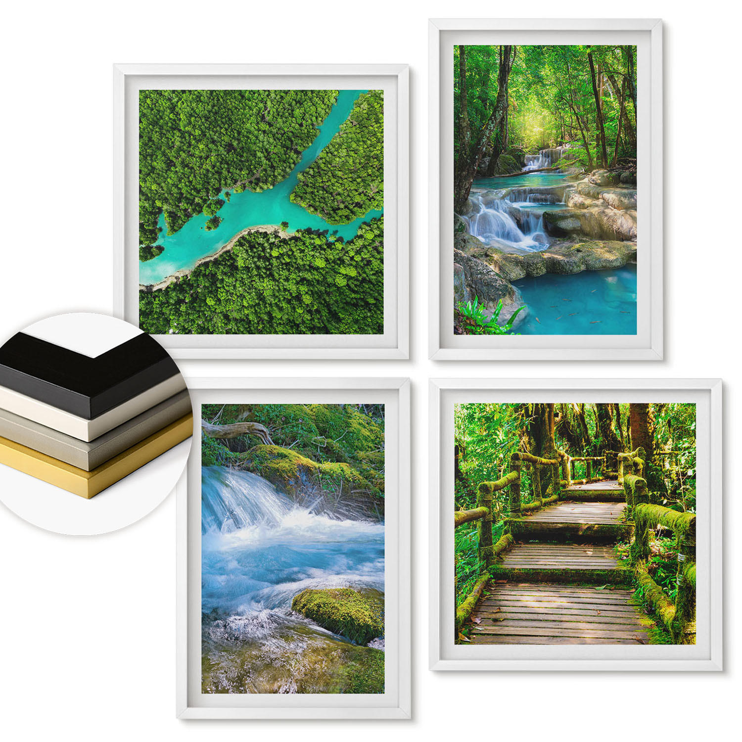 WANDBILDER 4er-Set - 50x50 cm & 40x60 cm Weißer Rahmen - Grüne Wälder, kristallklares Wasser - Weiß, Kunststoff (50/50cm) - ArtPrintCave