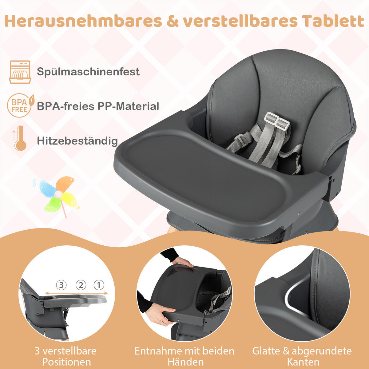 KINDERHOCHSTUHL mit Sitzerhöhung dunkelgrau - Dunkelgrau, Kunststoff (64/95/64cm) - COSTWAY