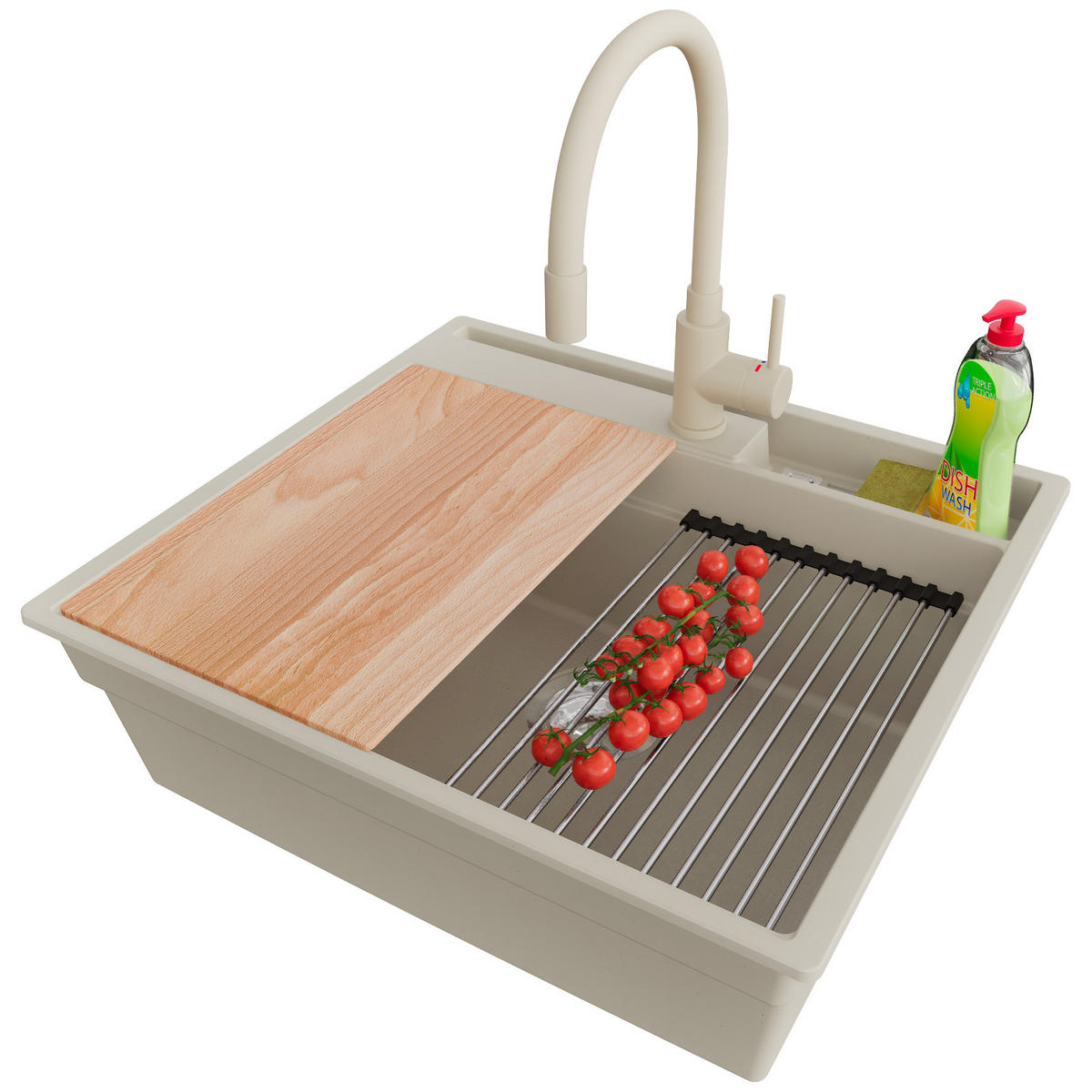 GRANITSPÜLE Oslo Pocket, 2-er set Beige 58/53 cm 1 Becken + Küchenarmatur 38/14 cm + Ablauf-Set + Küchenzubehörset ab 60er Unterschrank - Chromfarben/Beige, Kunststoff (58/20/53cm) - Primagran