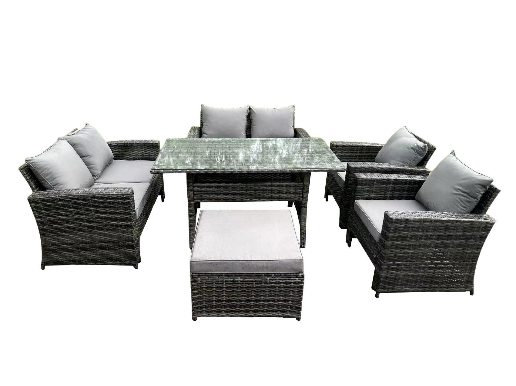 GARTENMÖBELGARNITUR mit Esstisch Polyrattan Dunkelgrau 7-Sitzer - Dunkelgrau/Grau, Glas/Kunststoff - Fimous